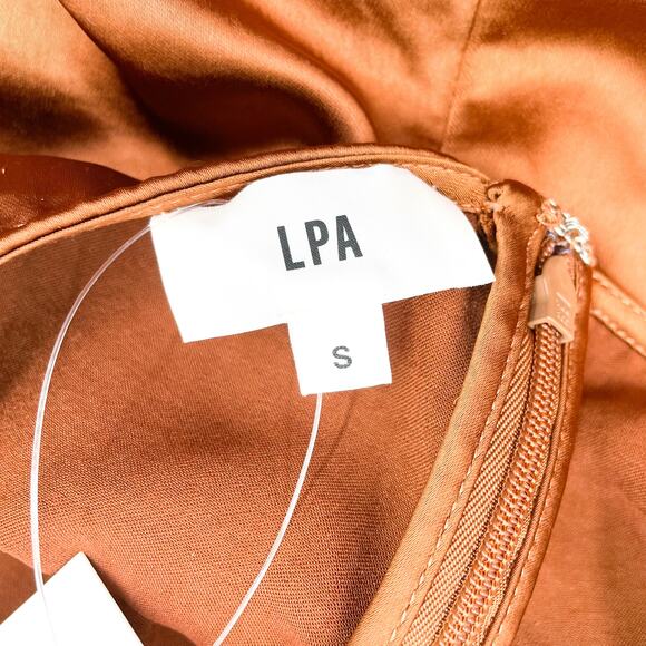 LPA Aniston Dress Hazelnut Satin Brown Maxi Ruched Ring Side Slit Sz S - Picture 10 of 12